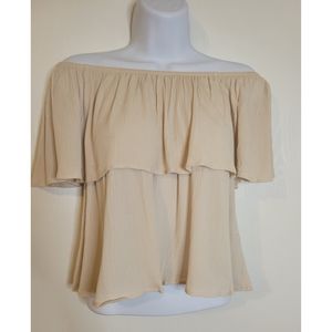 Medium, beige off-the-shouler ruffle top, flowy